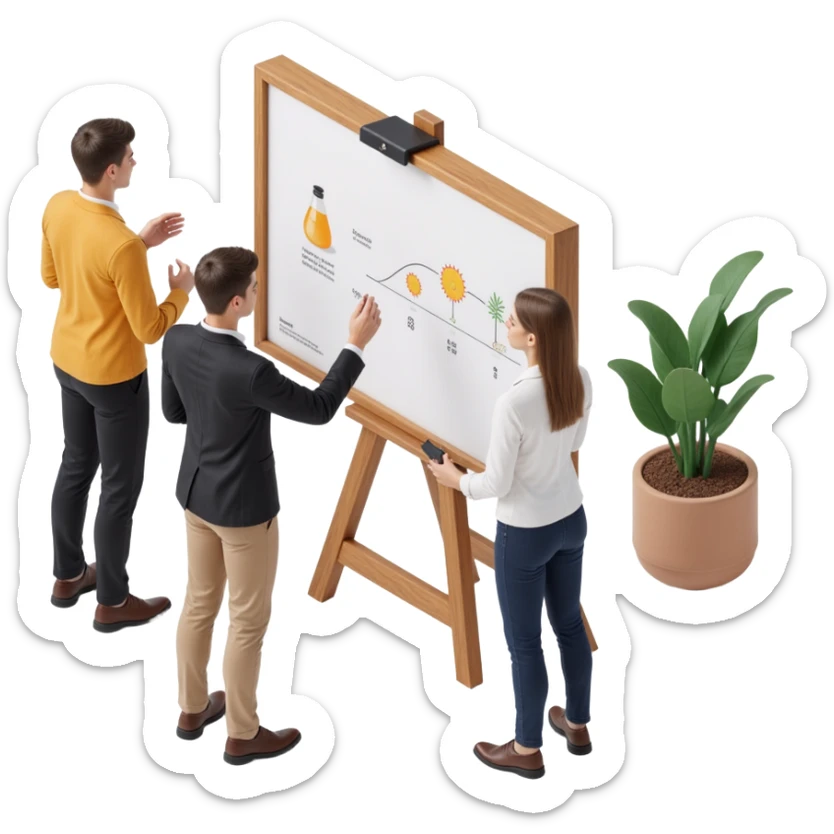 a team of designers around a whiteboard, skeuomorphism style sticker