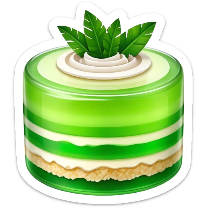 Coconut Pandan Jelly Cinematic Realistic Coconut Pandan Jelly Dessert Emoji, depicted as a layered jelly with distinct strata of coconut and pandan flavors, rendered with delicate textures and vibrant, tropical lighting. sticker