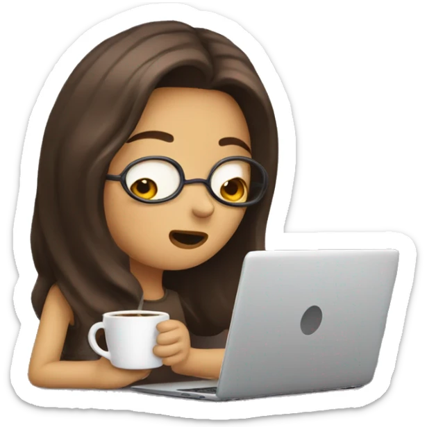 tired girl with laptop drinking a lot of coffee sticker