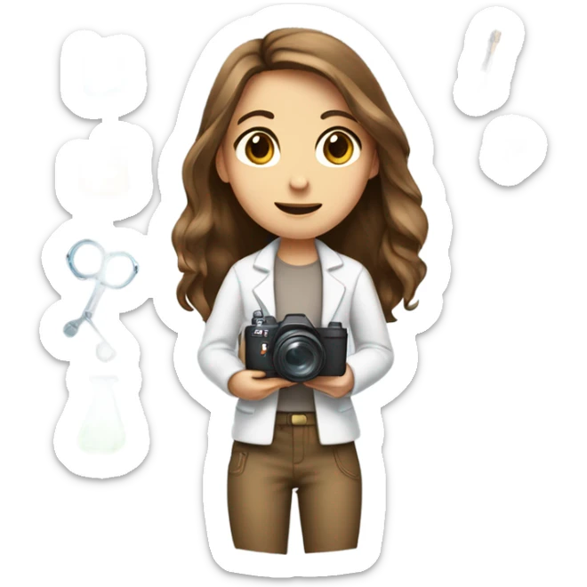 Girl wi with long brown and eyes hair with camera in her hand and with laboratory things in another hand sticker