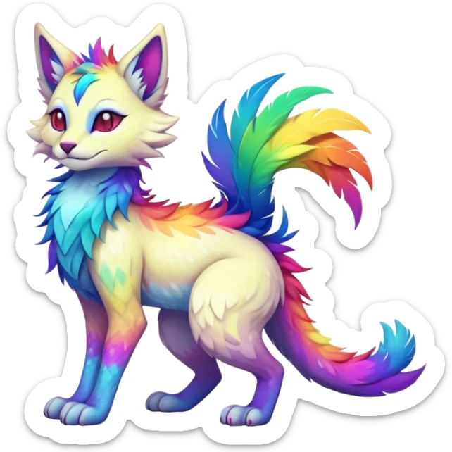 Kawaii neon colorful with feathers-ears rainbow iridescent fantasy ethereal feline-vernid-sergal-fursona animal creature with a tufted tail full body with intricate markings sticker