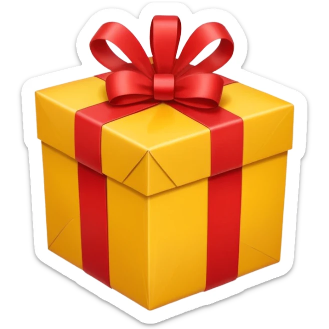 box with yellow wrapping paper and a length of red ribbon surrounding it on the ground so you can see most of the box sticker