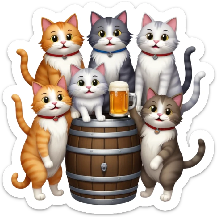 group of 7 cats standing around a beer keg, drinking, all with goofy playful expressions sticker