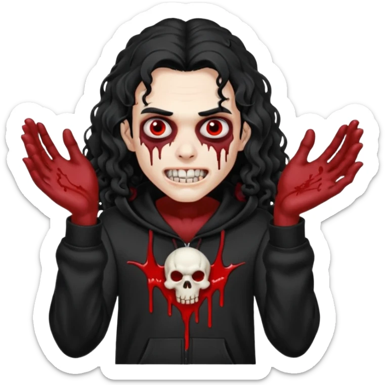 Vampire wearing a black hoodie with a skull logo on it, long curly hair that covers the forehead, fanged teeth and blood on hands sticker