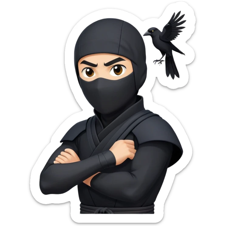 clash-of-clans-aesthetic_-cinematic-mysterious-male-ninja-portrait-emoji, rendered in a flat, vector-style with minimal shading and bold, simplified shapes, with a head slightly turned revealing intense, focused eyes. the ninja has his arm out and perched on top of his forarm is  a black crow sticker