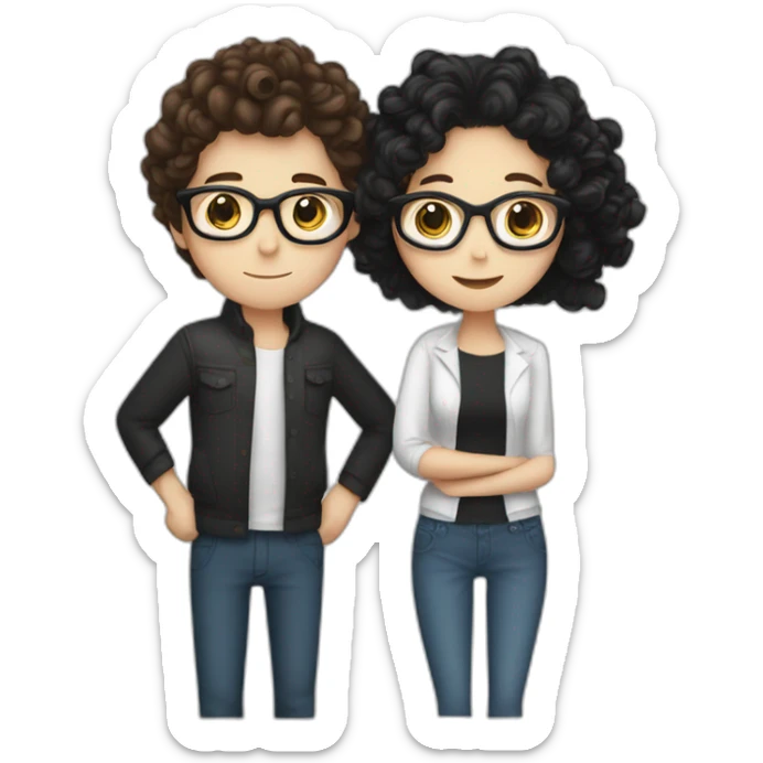 a white girl with long brown hair hugging a white boy with black hair and curler using glasses on sticker