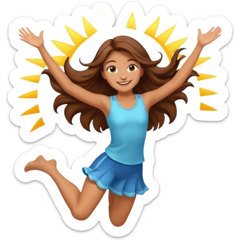 Girl with long brown hair happy jumping in the air with sunbeams in the background  sticker