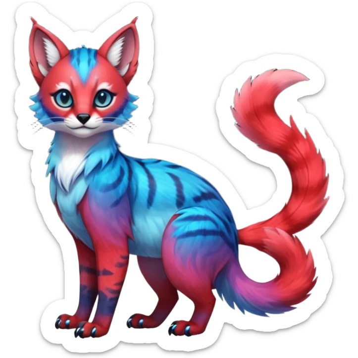 Cute kawaii cool edgy badass  vibrant cyan-cobalt-blue-to-crimson-red gradient-colored iridescent glossy fur  fantasy-caracal-civet-genet-sergal-vernid-Gryphon-Cacomistle-Trico-oncilla-animal-Fakémon-hybrid-fursona (full body), facial markings, (realism style) sticker