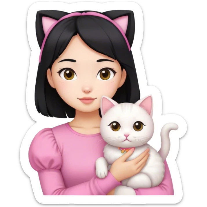 Black hair asian pretty girl wearing pink puffsleeves top, holding a white cute cat sticker