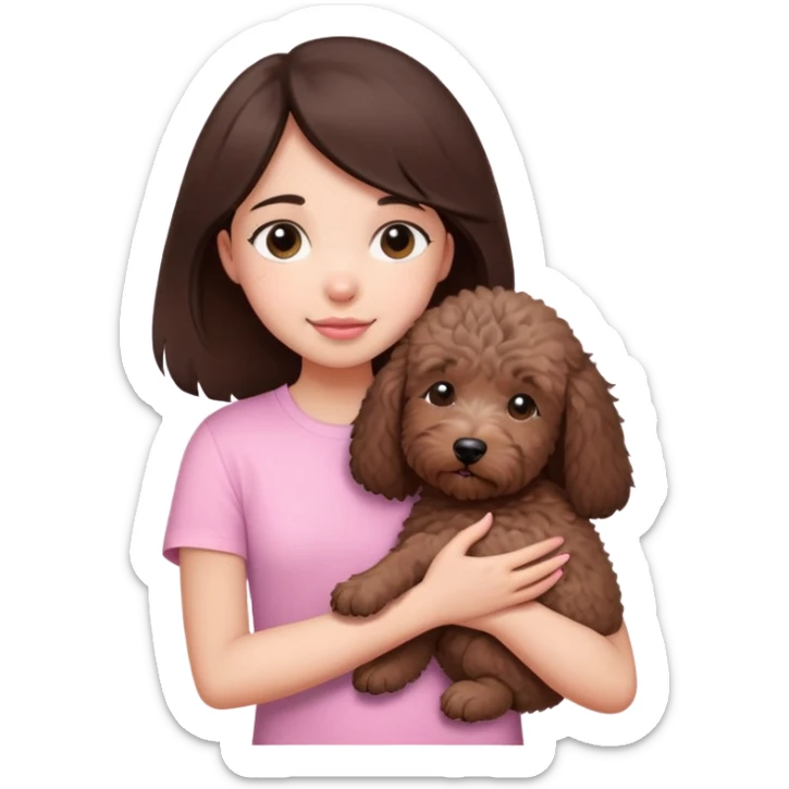One girl with medium long dark brown hair dressing baby pink T-shirt, hugging One little brown coated labradoodle. sticker