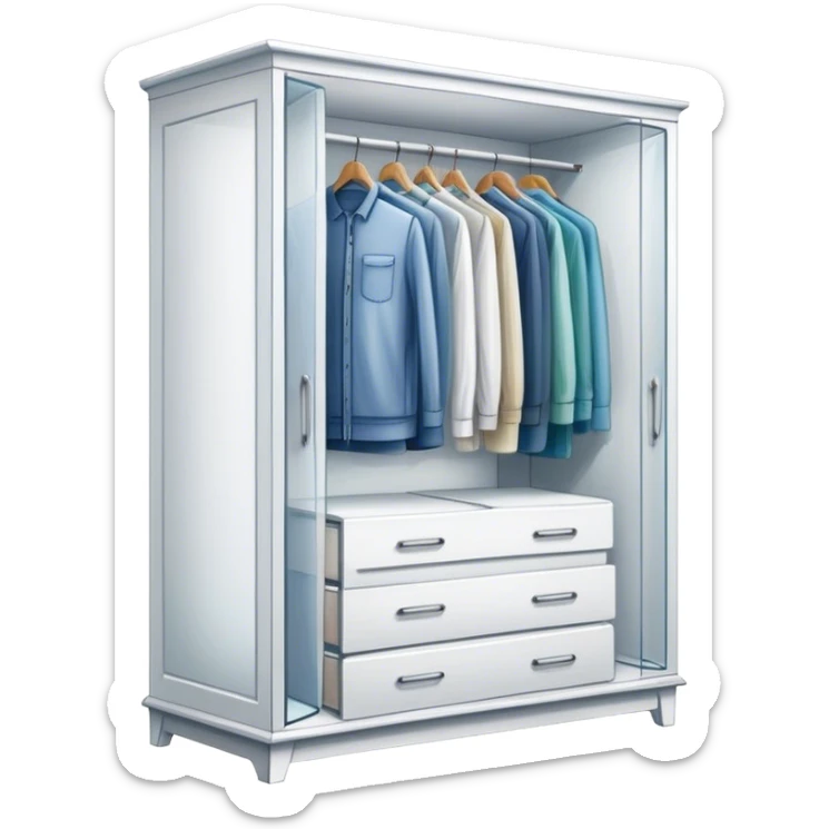 Icon for Furniture Design: a semi-transparent sketch of a wardrobe with a 3D model, pencil strokes, and development metrics. Without dress. The icon should represent the process of creating and refining furniture design. Transparent background. sticker