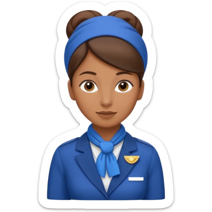 Brown tan skin flight attendant, brown hair in a bun, blue uniform, blue scarf sticker