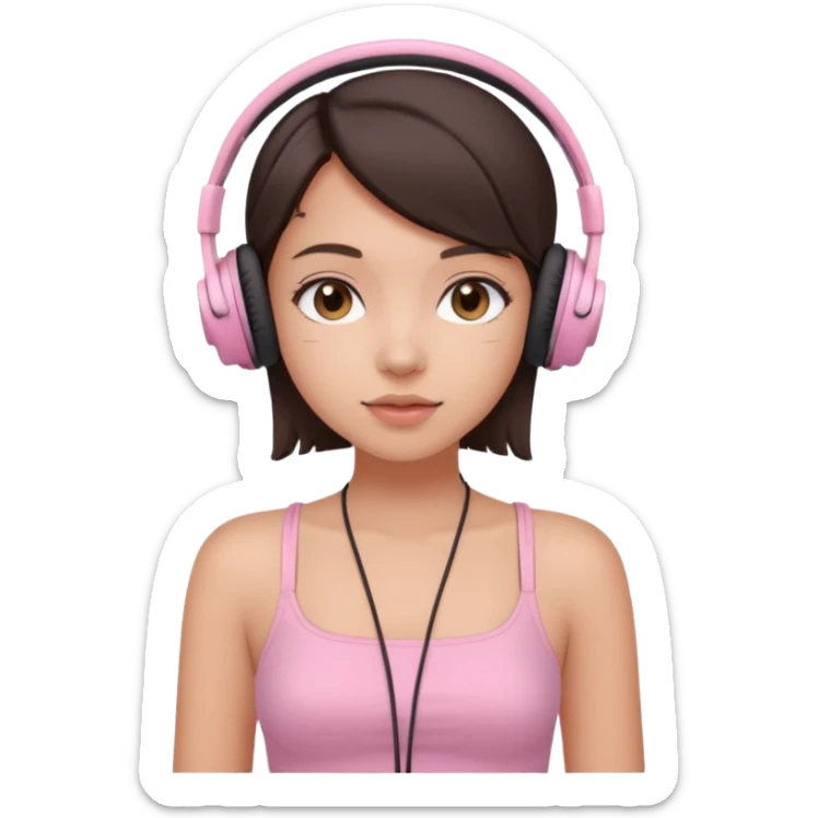 aesthetic brunette girl in light pink tube top shirt with headphones on sticker