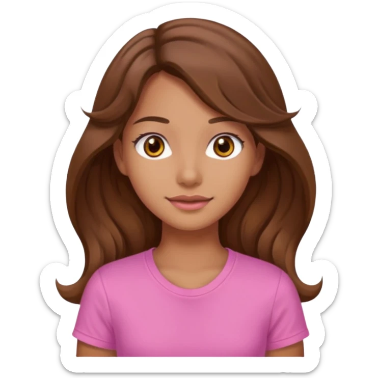 A pretty girl with tan skin and long wavy hair, wearing a pink basic shirt with brown eyes sticker