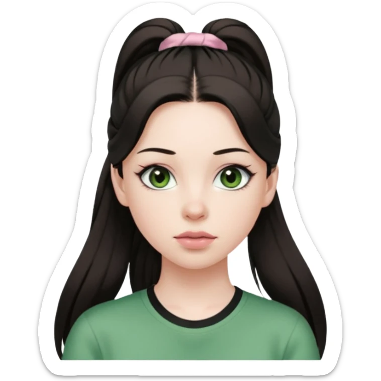 create an emoji of a young woman. She has a kind look, with long light brown hair in a single ponytail with a black hair tie, dark green eyes, pale skin, natural soft pink lips. she wears a green y2k top sticker