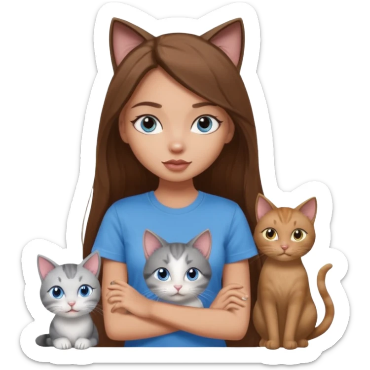 a pretty bratz dusky light skin girl with long brown hair, blue eyes with six cats nd wearing a grey tshirt sticker