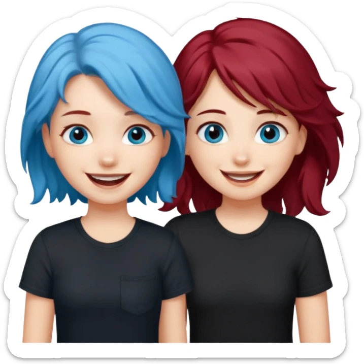 A half blue wavy haired blue eyed and black shirt girl and her straight a litte bit dark red haired dark brown eyed girl bestie sticker