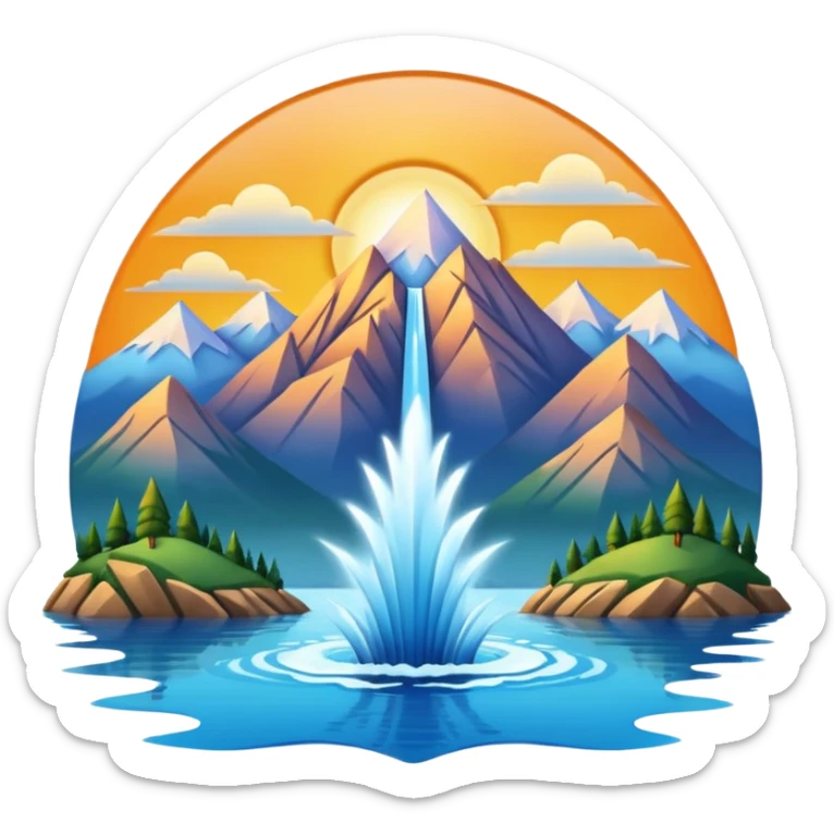 Please generate an image of a sunrise illuminating a lake with a huge water jet pointing only in one direction (upward and then down on one side) like that in the Geneva lake and some mountains in the background. sticker
