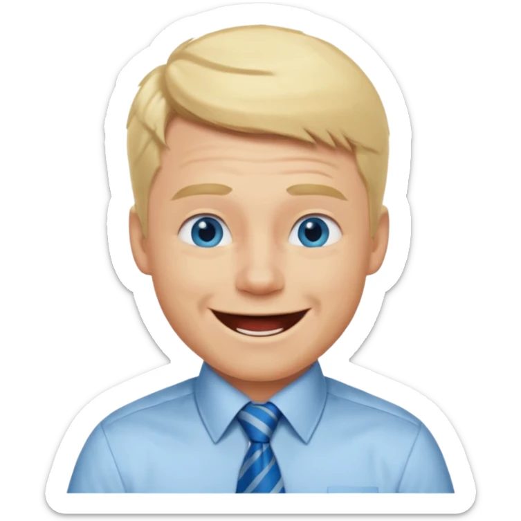 A guy with blonde hair and blue eyes that looks masculine. make him wear a shirt with a tie. he is danish. He is laughing extremely hard. More extreme expression sticker