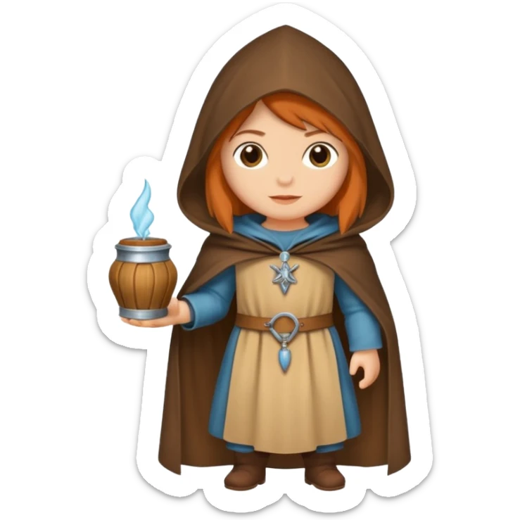 vorrei un piccolo buffo pellegrino medievale con abito e cappuccio marrone sotto la pioggia in stile stickers  sticker