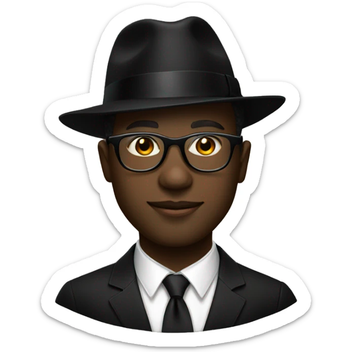 Black Man in all black dress with black fedora and gold oval glasses sticker
