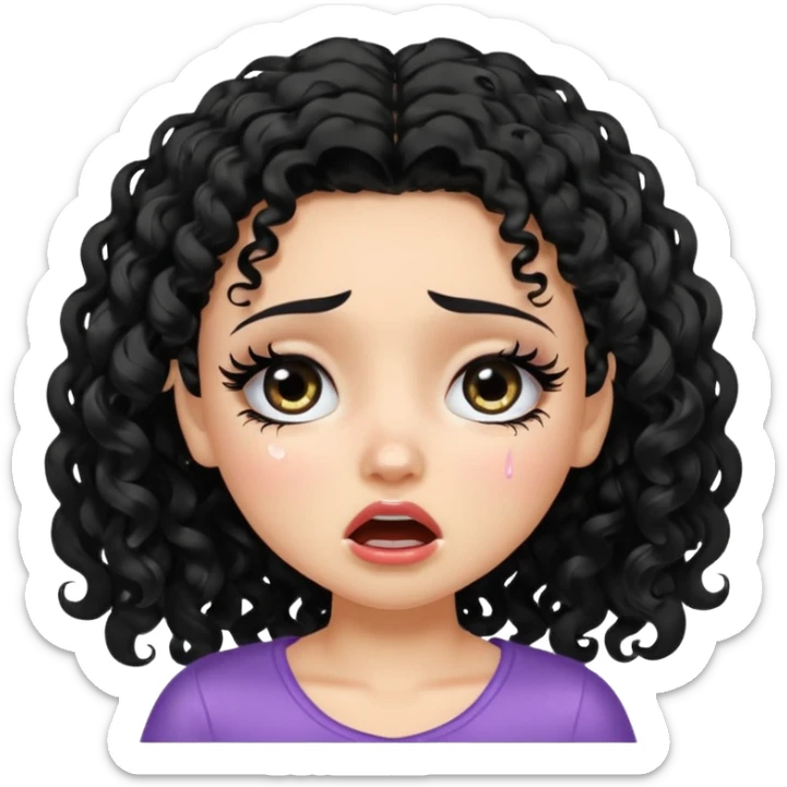 a pretty fair bratz girl with black curly hair, crying sticker
