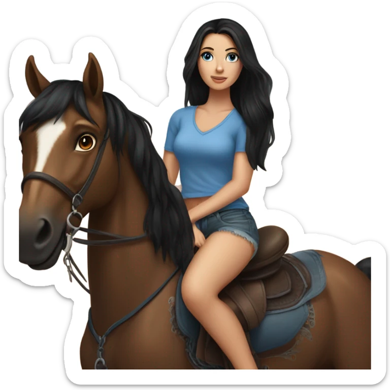 very pretty brunette with blue eyes and long black hiar wearing shorts and a thigh tattoo riding big brown horse  sticker