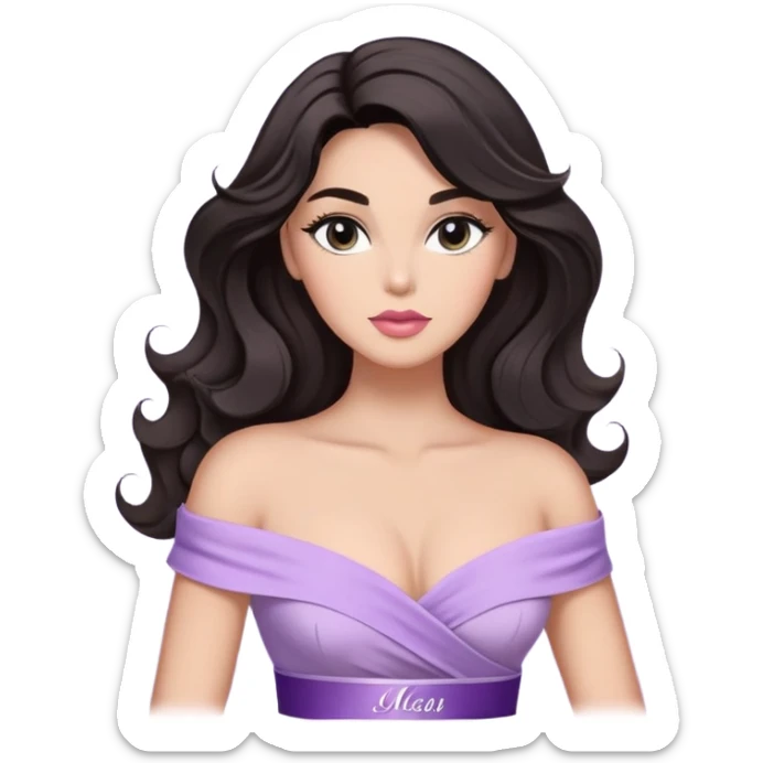 A woman with almond-toned skin, dark voluminous hair in waves, expressive eyes with soft lashes and shimmer, full lips with a glossy nude-pink color, wearing a lavender top and a white sash with “Miss San Juan” in black letters, exuding elegance and confidence sticker