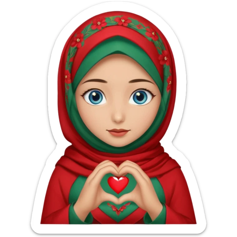 Turkish beautiful finish Konya girl blue eyes with red floral hijab and green red dress and she make heart with hands sticker