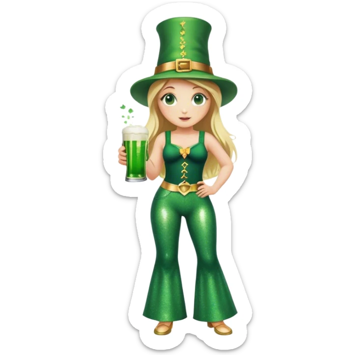Blonde haired girl in glittery green bell bottoms and tall leprechaun hat holding a green beer sticker