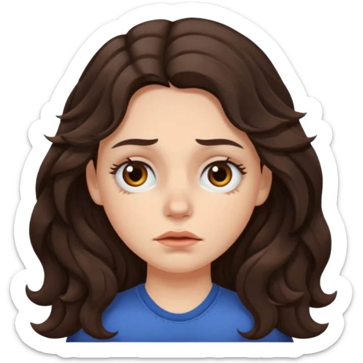 A white girl with long dark brown wave hair and patches under her eyes sticker