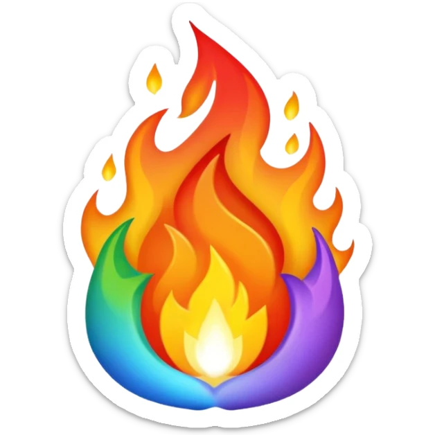 A fire emoji with the colors of the pride flag. Take away the small fire emojis besides the single big one. Make it super duper gay sticker