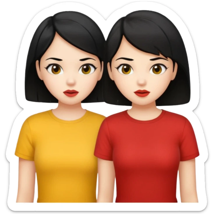 2 girls gossiping. both are fair and have black hair. One has short hair, one has long. One is wearing yellow, one is wearing red sticker