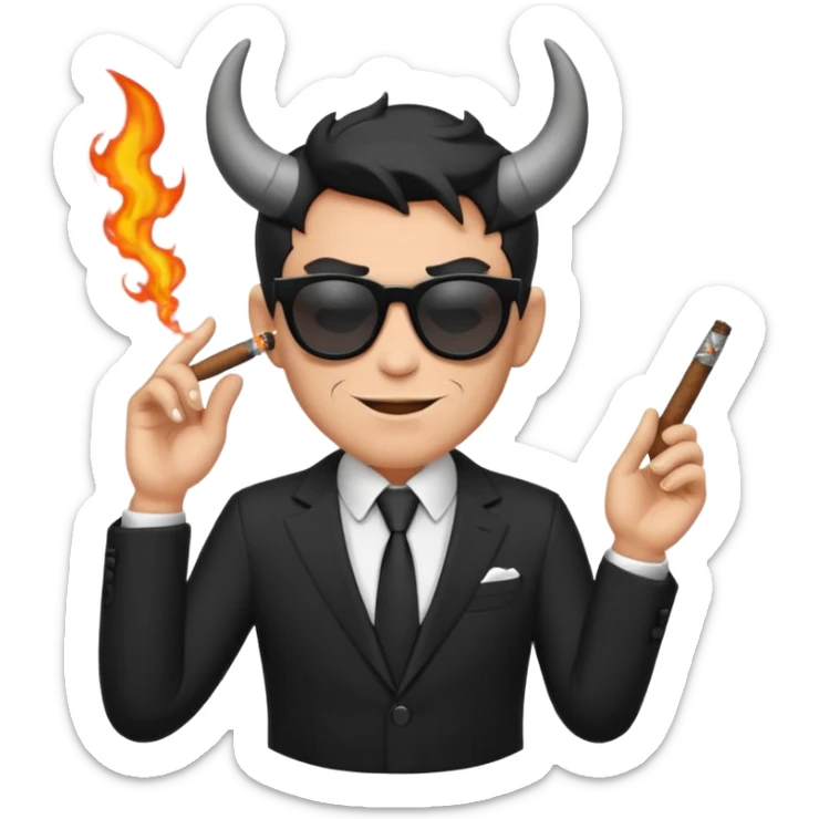 Minimalist emoji-style sticker of a devilish producer in black suit, tiny horns, dark sunglasses, and a smoking cigar, grayscale tones, matte style sticker