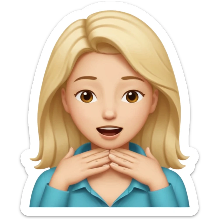 eyes closed and mouth wide open and hands cupped around her neck - her eyes are squinty with excitment sticker