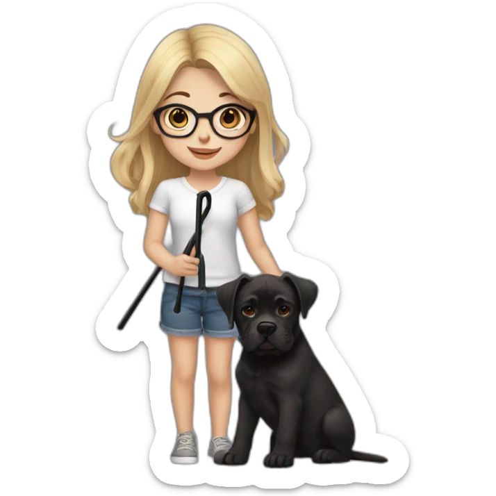 Blonde girl with black glasses and Brown eyes holding a black cane corso puppy sticker