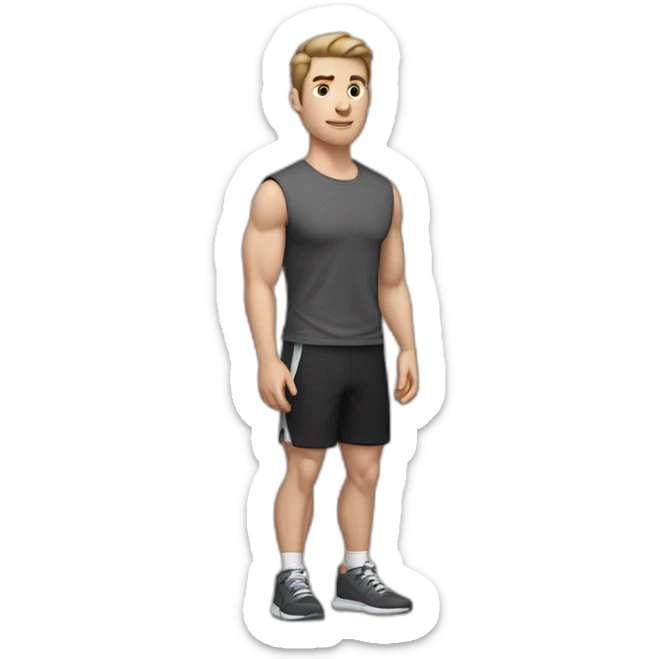 Pale skinned Fit Man With the biceps and dark brown hair in black shirt, gray sports shorts and white Sneakers His right hand near his back of the head sticker