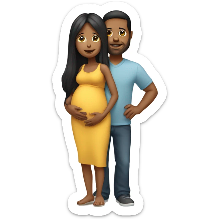A pregnant woman with black long hair standing next to her husband who is carrying 2 young kids. sticker