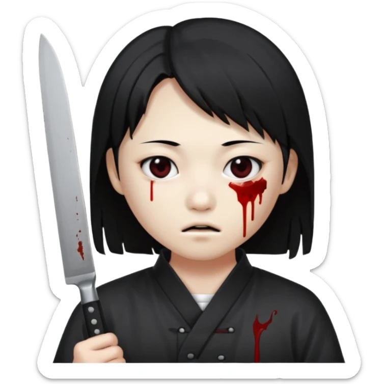 Korean murderer white skin with Asian eyes and holding kitchen knife with black straight hair with also one eye is blind covered with blood sticker