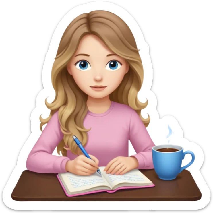 pretty female with long wavy brown hair with blonde highlights and blue eyes writing in a relaxed position in a pink journal with a cup of tea sticker
