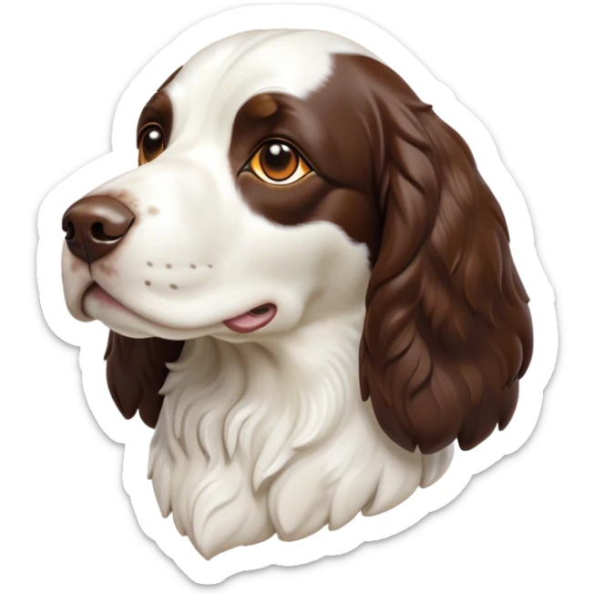 Cinematic Noble Springer Spaniel Portrait Emoji, Poised and regal, with a medium build and a glossy, well-groomed Fur of rich liver and white, deep-set soulful brown eyes, Simplified yet sharp and sophisticated features, highly detailed, glowing with a soft, dignified glow, high shine, intelligent and alert, stylized with an air of grace, focused and attentive, soft glowing outline, capturing the essence of a watchful and confident companion, so majestic it feels as though it could bound out of the screen with effortless authority! sticker