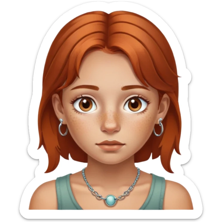 girl with freckles, hazel eyes, copper brown hair with two nose rings and a septum piercing  sticker