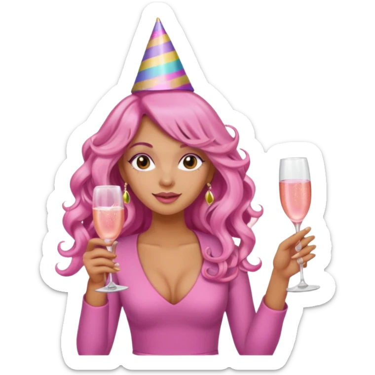 One lady with long pink curled hair and tan skin holding a glass of  pink champagne in each hand sticker