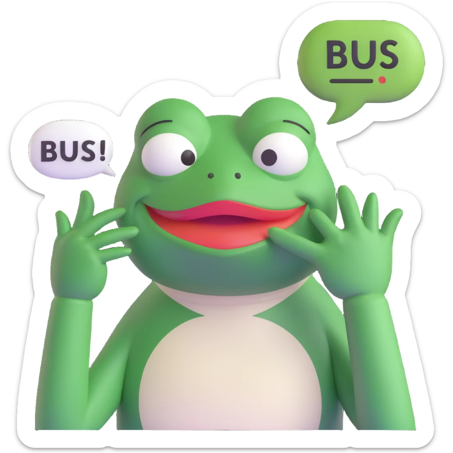 Create a 3D emoji style image of Pepe the Frog holding his hand over his mouth as if trying not to laugh. Include a speech bubble above or beside him that says 'bus garso'. The style should be playful and similar to the reference image but exclude the hat, cigar, drink, or bottle. sticker