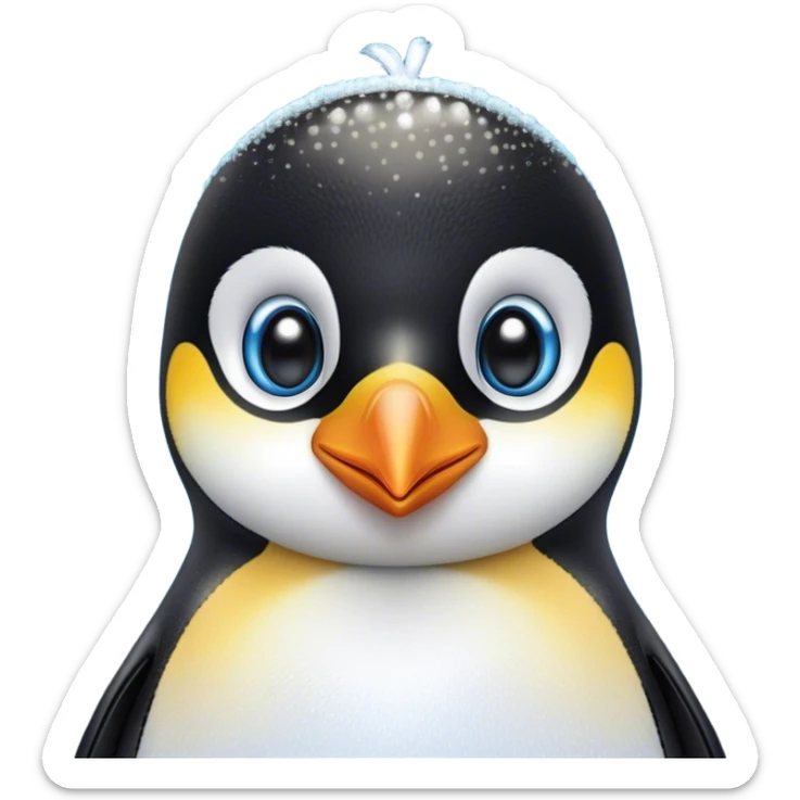 Cinematic Cute Emperor Penguin Portrait Emoji, Head tilted playfully and inquisitively, with glossy, pristine plumage accented by a bright beak and round, sparkling eyes filled with curiosity, Simplified yet irresistibly adorable features, highly detailed, glowing with a warm, friendly icy glow, high shine, affectionate and lively, stylized with a touch of whimsical charm, bright and endearing, soft glowing outline, capturing the essence of a mischievous yet loving penguin that feels like it could slide out of the screen into your arms! sticker