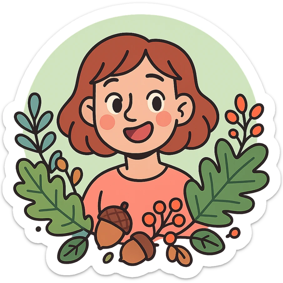 wreath of forest leaves, acorns, and berries, soft green circle sticker, pastel-toon style, transparent background sticker