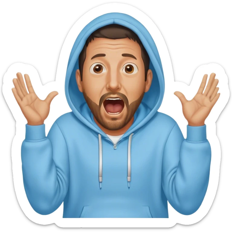 Adam Sandler with a beard in a baby blue hoodie, the hood on, screaming with the arms wide spread like ‘i don’t know’ sticker