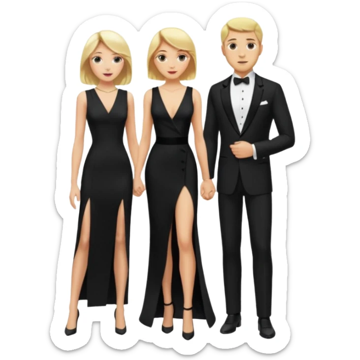 Blonde woman, black, Long, tight, sleveless Dress, Slot left Leg, man in Dinner jacket sticker