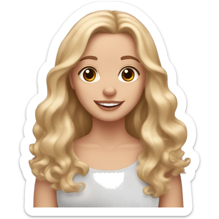 White girl with long wavy blonde hair and brown eyes  holding a light chihuahua dachshund cocker spaniel mix happy with shorter fluffy ears sticker