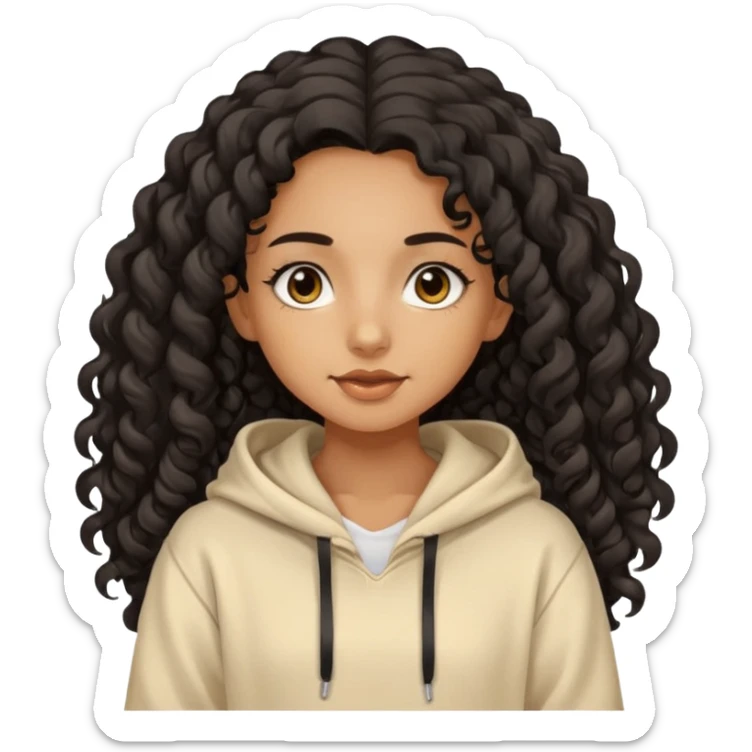 Tan skin girl with black very long curly hair, brown eyes, vanilla colored hoodie sticker